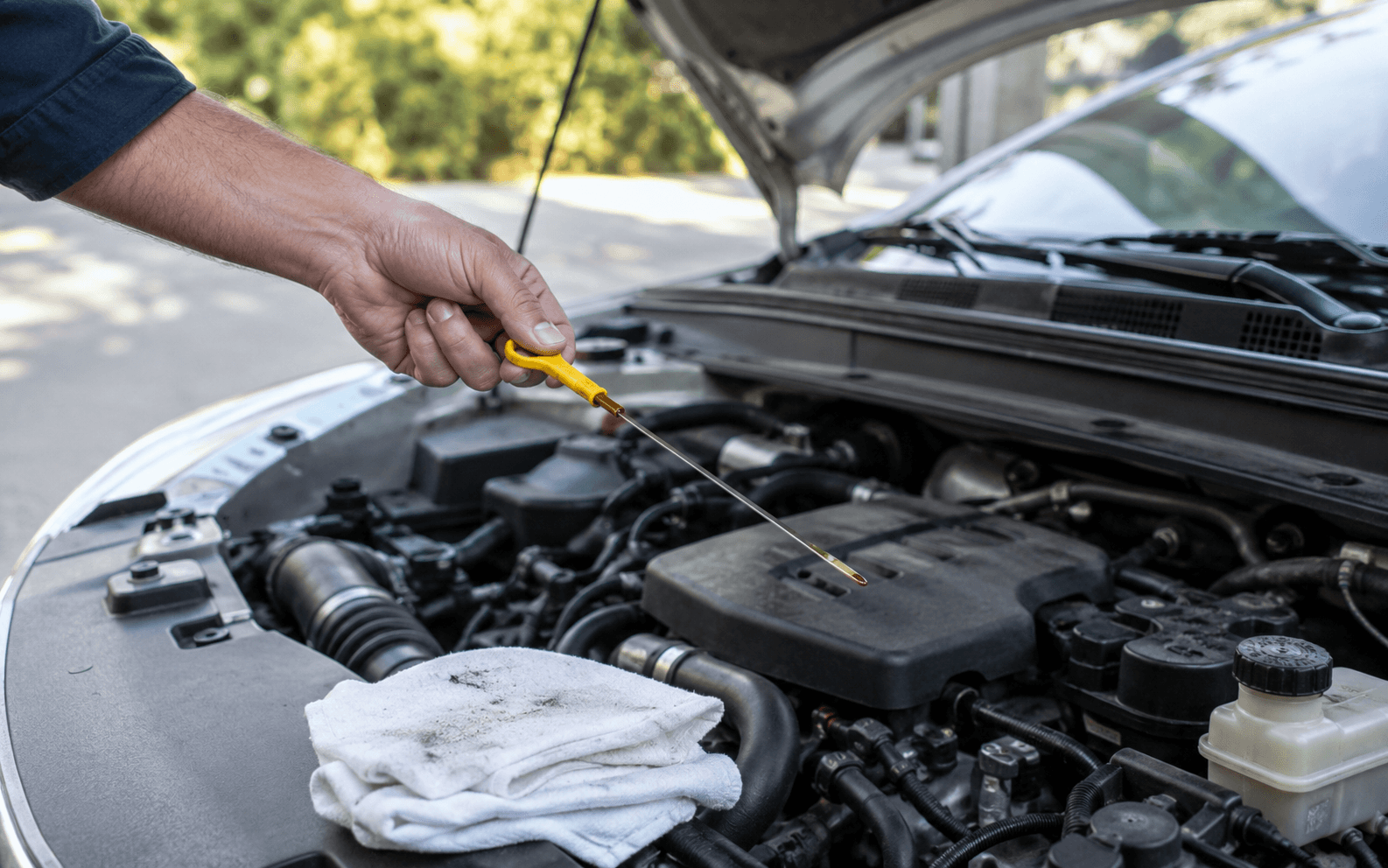 Kaputu açık araçta motor yağı çubuğunu kontrol eden el