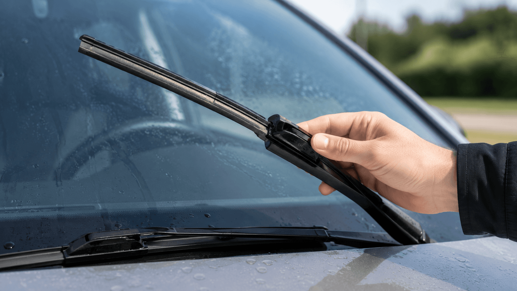 Park halindeki otomobilin ön camında silecek lastiğini inceleyen kişi