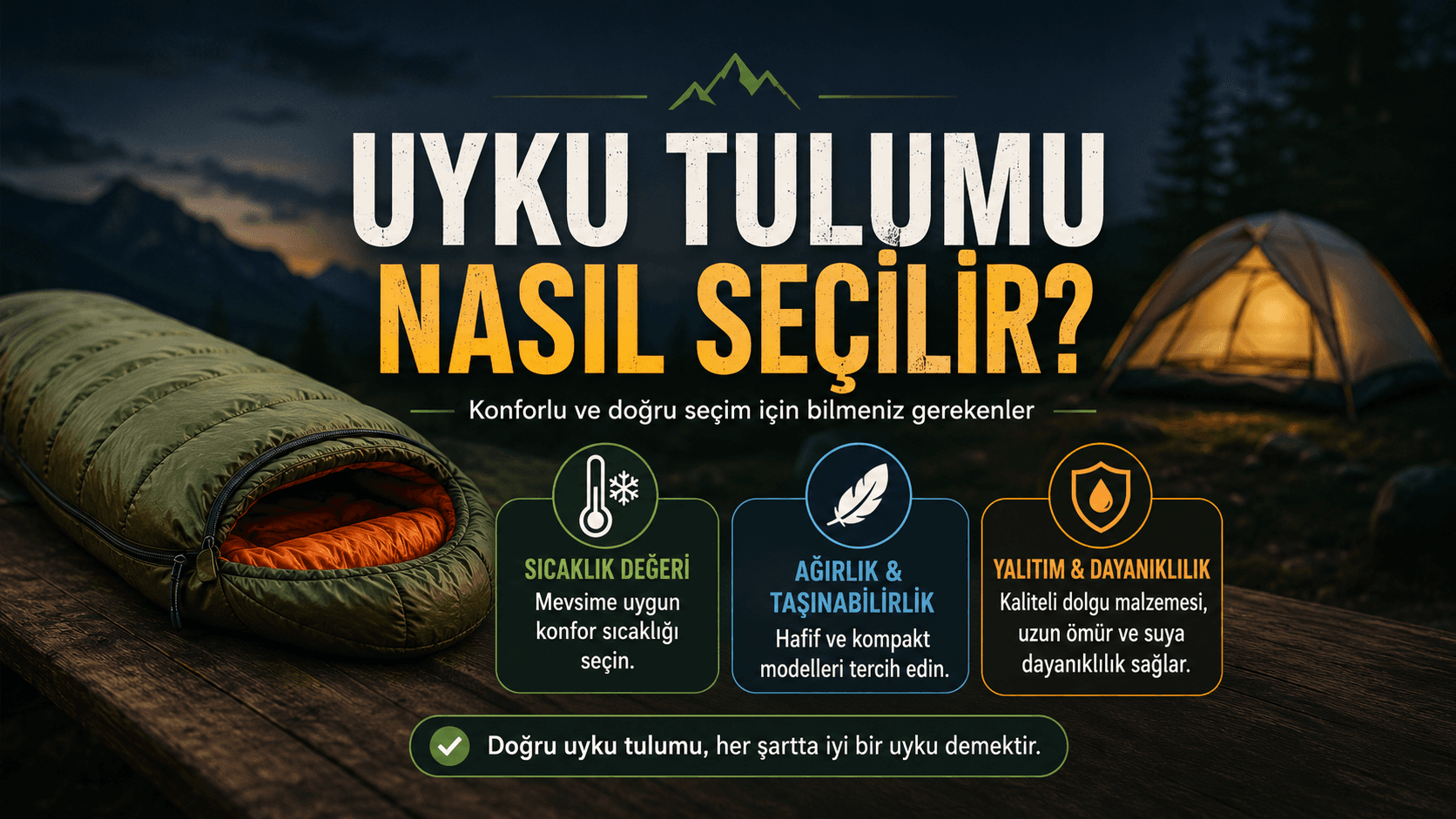 Kamp alanında uyku tulumu seçimini sıcaklık değeri, ağırlık ve yalıtım başlıklarıyla anlatan görsel