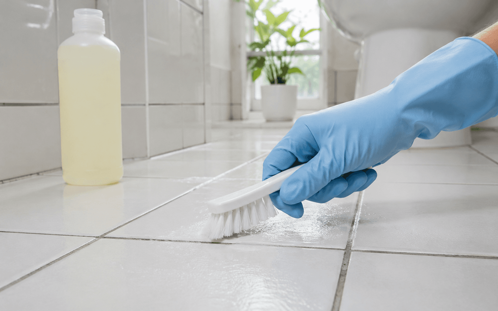 Banyo fayans derzlerini küçük fırça ve eldivenle temizleyen el