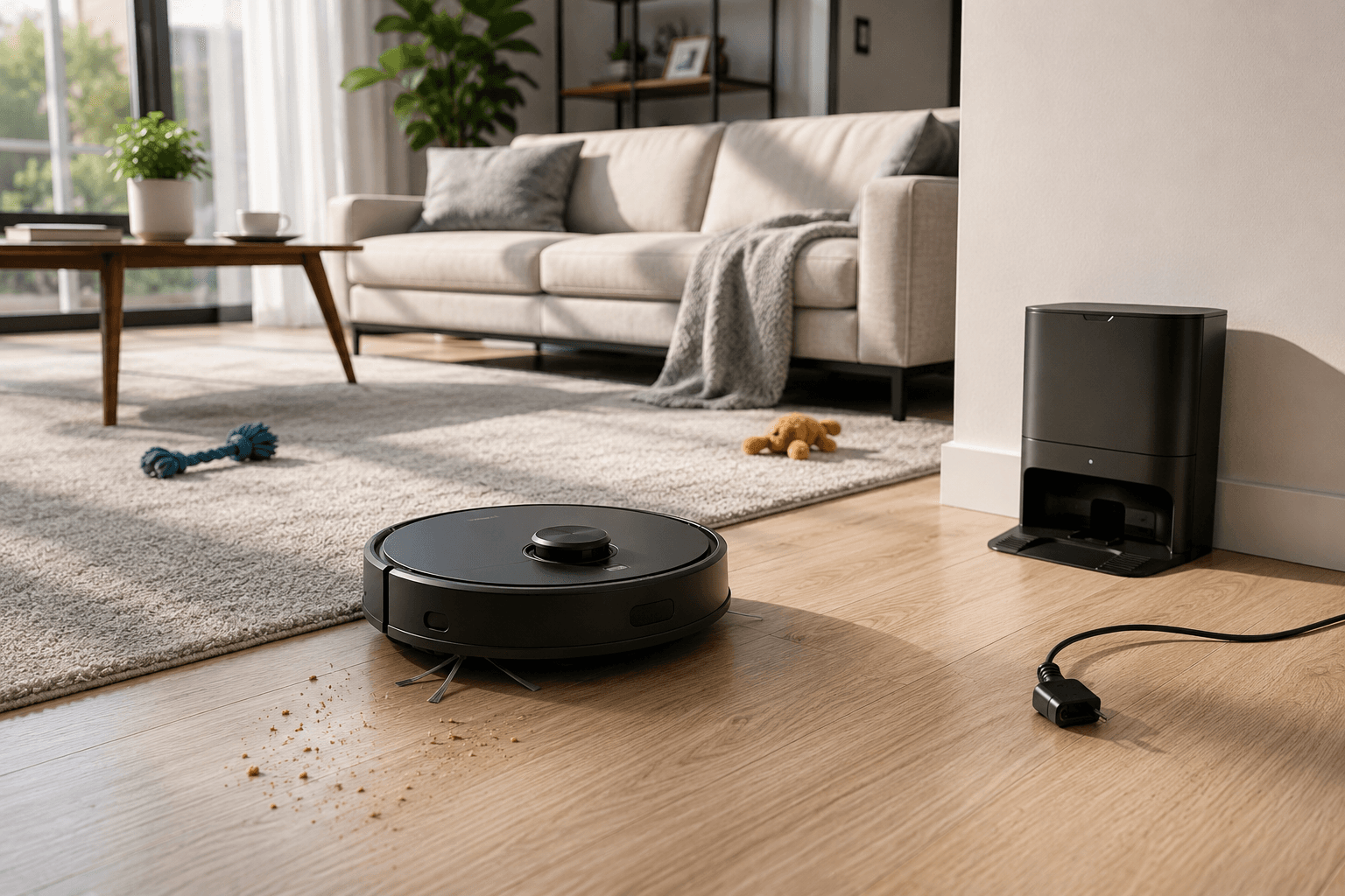 Parke ve halı bulunan modern salonda engellerin çevresinden geçerek çalışan robot süpürge