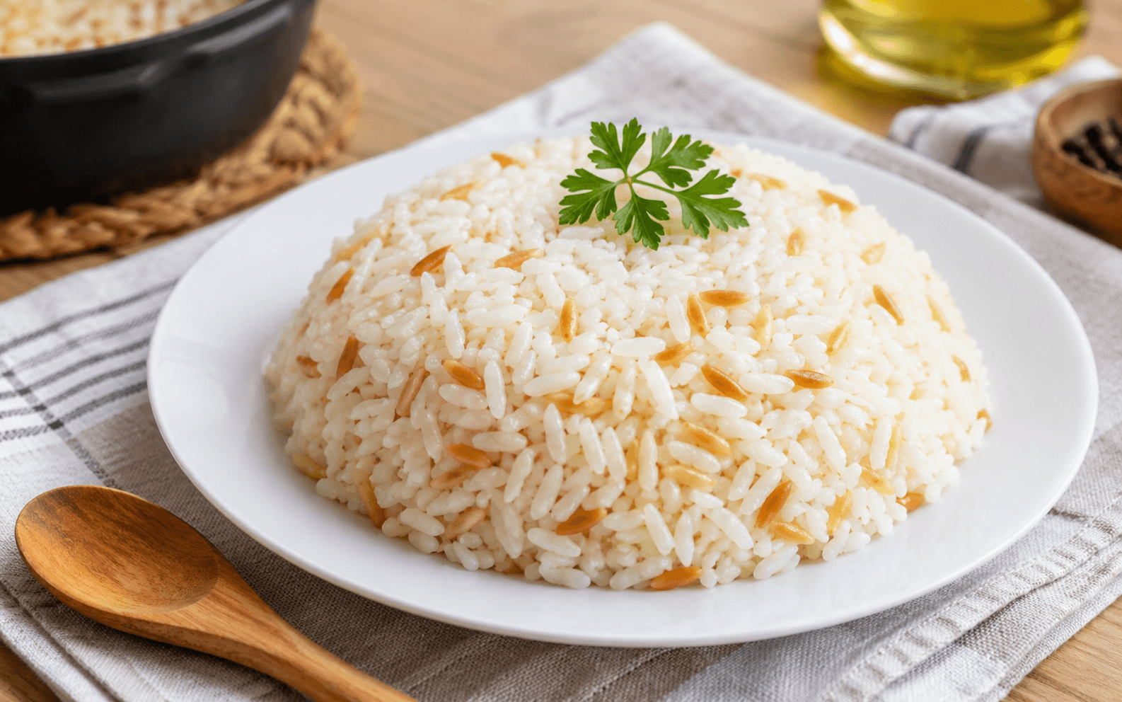 Beyaz servis tabağında tane tane pirinç pilavı ve yanında tahta kaşık